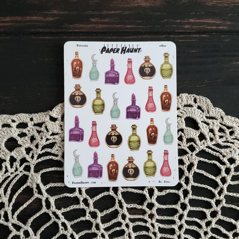 May include: A sheet of stickers featuring 20 illustrated potion bottles in various colors, including purple, green, pink, and brown. The stickers are labeled "Potions" and "Paper Haunt."