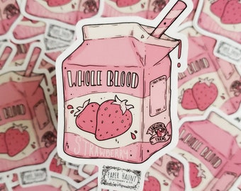 Strawberry Blood Milk Carton STICKER- Vampire Foods- Spooky cute - Pastel Goth