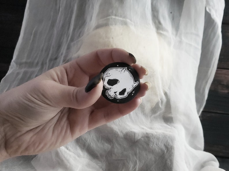 Spooky Cute Devil Skull Pin Badge Magical Sparkling Finish No Glitter 1.5 inch image 3