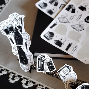 Spooky cute goth ghost book planner stickers.