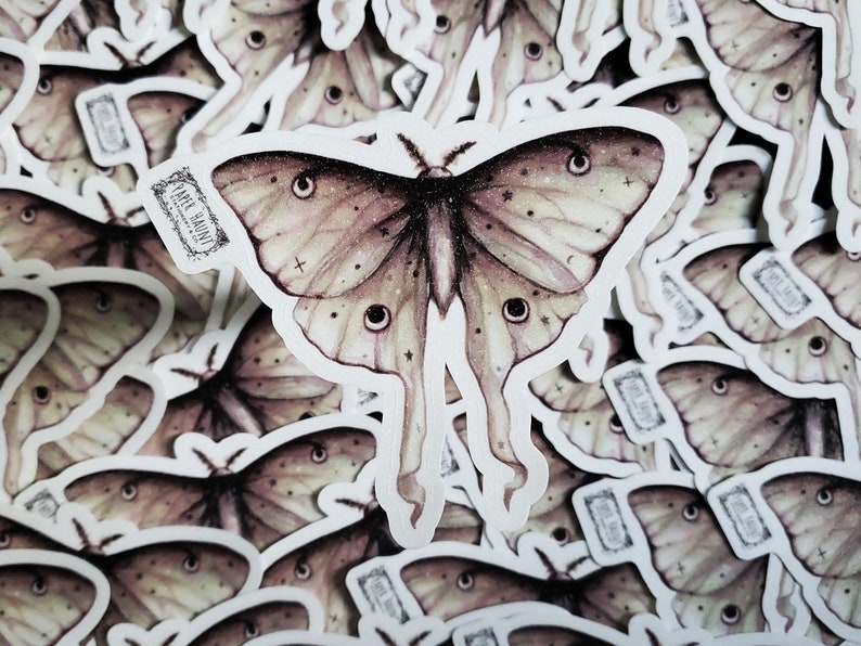 May include: A close-up of a stack of stickers featuring a detailed illustration of a pale green and brown moth with a starry pattern. The moth has large, round eyes and a delicate, intricate design. The stickers are printed with the text "Pale Haunt" in a vintage font.