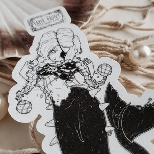 Close up of sticker. Gothic pirate mermaid sticker by artist White stag for Paper Haunt Stationery & Co