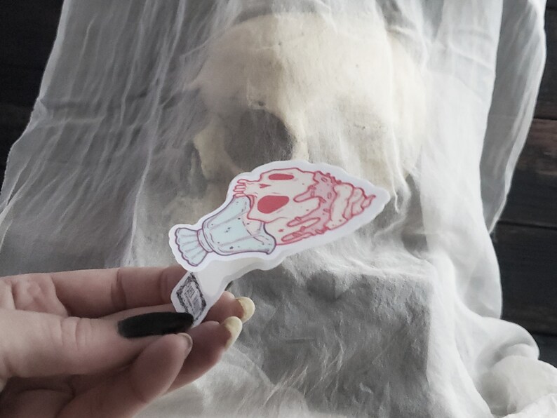May include: A sticker featuring a stylized skull with pink and red accents, held against a blurred background. The skull is depicted with a decorative element, possibly a vase or container, in light blue. The sticker has a white border.