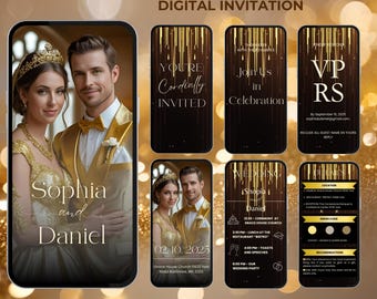 May include: Digital wedding invitation featuring a couple in formal attire. The invitation includes the names "Sophia and Daniel", event details, and the text "You're Cordially Invited". The design has gold and black accents.