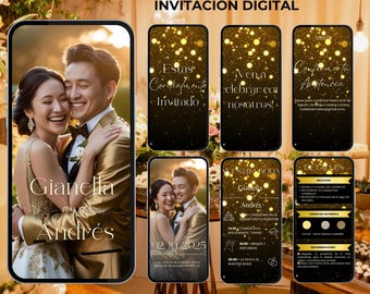 May include: Digital wedding invitation design featuring a smiling couple in formal attire. The invitation includes multiple smartphone screens with event details, text, and a gold and black color scheme. The text includes the names Gianella and Andrés.