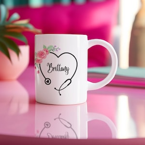Taza personalizada para enfermera: regalo para enfermera, forma de corazón,  taza floral, taza estetoscopio, 11oz.