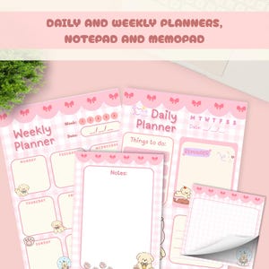 May include: A collection of pink and white daily and weekly planners, a notepad, and a memopad. The stationery features a gingham pattern, bows, and cartoon bears. Text includes "Weekly Planner", "Daily Planner", "Things to do", and "Notes".