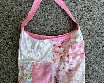 Bolso Tote Patchwork Rosa / Encaje y Perlas / Bolso de Hombro / Rosa
