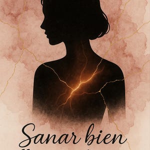 Puede incluir: Impresión de arte digital con una silueta negra de una persona de perfil, sobre un fondo de acuarela rosa y dorado. El texto "Sanar bien lleva su tiempo" está escrito en una elegante escritura.