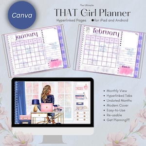 THAT Girl Digital Planner, Journal, Canva PDF Download, Monthly, Undated, 13 Paged PDF, Hyperlinked Pages, Reusable, iPad Digital Planner