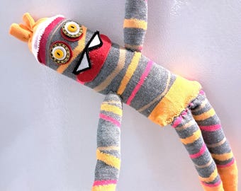 Handcrafted Sock Monster Doll, Whimsical Colorful Toy, 16 Inches
