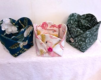 3 Handmade Fabric Trinket Box, Small Fabric Storage Box, Button Box, Bead Box, Sewing Notions Organizer, Jewelry Storage, Mini Fabric Basket