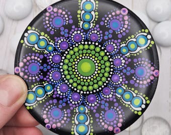 purple and green dot mandala, 3 inch, wood round, home decor, magnet, ornament, hanging decoration, hand painted dot art, gifts for her