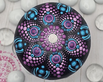 Small dot painted mandala stone for home and table decor, meditation, mindfulness, paper and napkin holder, painted rock. Puple and turquois