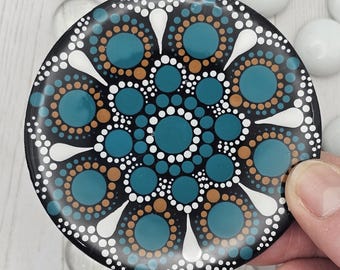 Turquoise dot mandala, 3 inch, wood round, home decor, magnet, ornament, hanging decoration, hand painted dot art, gifts for her