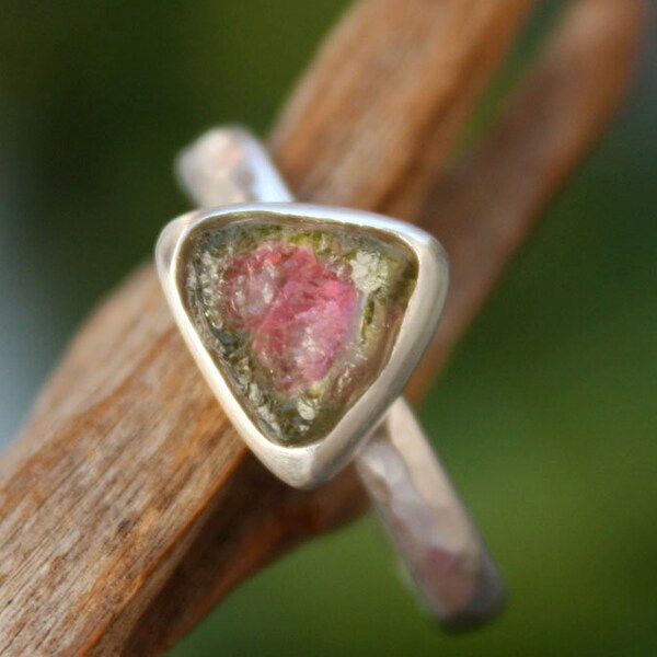 RESERVED-Watermelon tourmaline gemstone ring rough slice uncut handmade sterling silver natural raw October Birthstone,choose your stone.