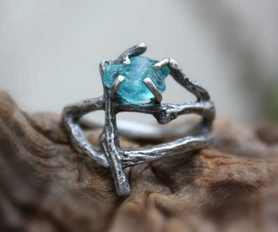 Rough apatite statement branch ring raw gemstone uncut natural twig sterling silver statement made to order