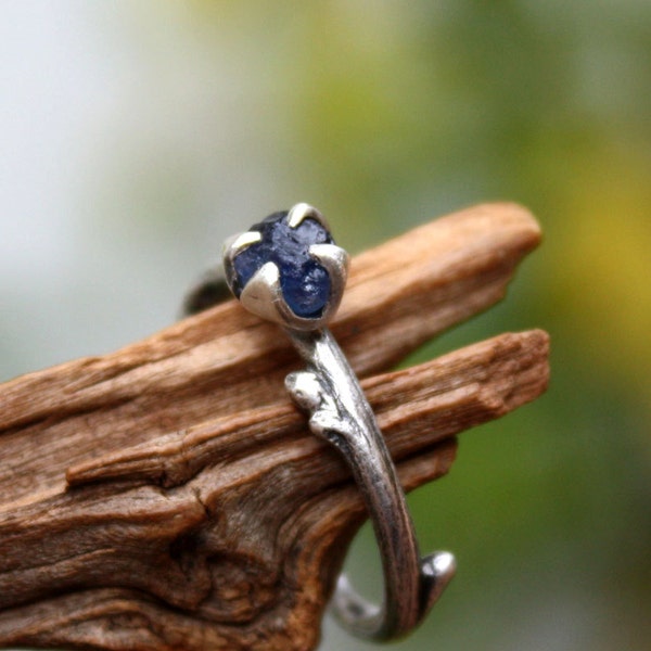 Sapphire raw gemstone twig ring-sterling silver handmade-natural rough uncut sapphire-September Birthstone ring-made to order.