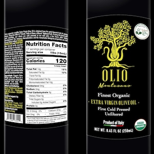 May include: A black bottle of Olio Montesano Finest Organic Extra Virgin Olive Oil. The bottle is labeled with the product name, ingredients, and nutritional information. The bottle is 8.45 fluid ounces (250 milliliters) and is certified USDA Organic.