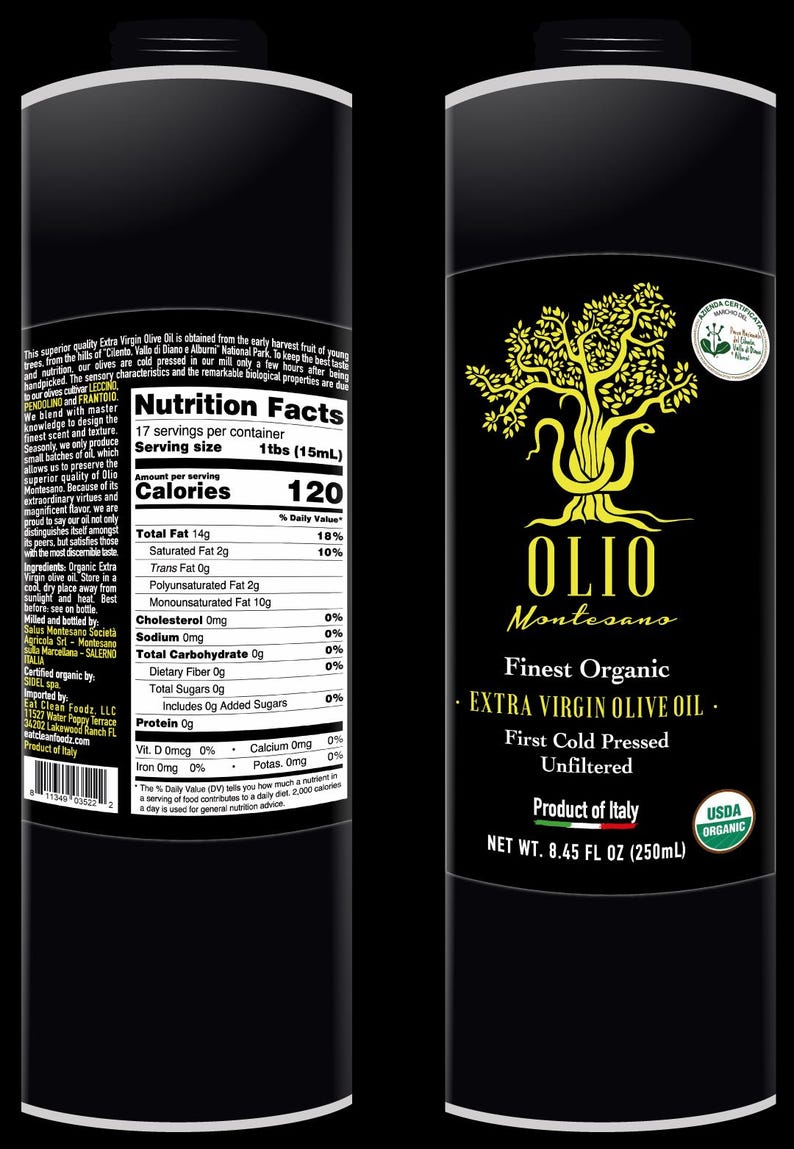 May include: A black bottle of Olio Montesano Finest Organic Extra Virgin Olive Oil. The bottle is labeled with the product name, ingredients, and nutritional information. The bottle is 8.45 fluid ounces (250 milliliters) and is certified USDA Organic.