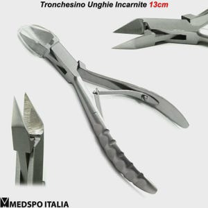 May include: A stainless steel ingrown toenail clipper, 13cm long, with a curved handle and sharp, angled blades. The image includes close-up views of the clipper's cutting edges and overall design. The text "Tronchesino Unghie Incarnite" is visible.