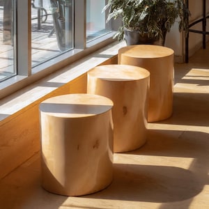 May include: Three cylindrical wooden stools with a light, natural finish are arranged in a row near a window. The stools have a smooth, rounded top and a solid, sturdy base. The wood grain is visible, adding to their natural aesthetic.