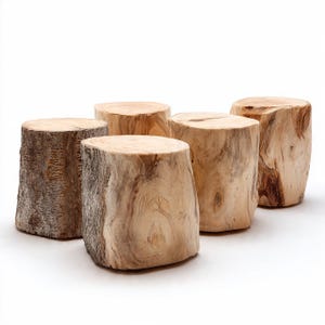 May include: A set of five cylindrical wooden stools made from natural tree trunks. Each stool features a light tan wood grain, visible growth rings on the flat top surface, and textured, rough bark along the sides of the vertical log sections.
