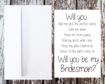 Will you be my Bridesman Card, Male Bridesmaid, Brides man Proposal, Funny proposal, Fun Brides-man card, Bridesman Questions, Bridesman Ask