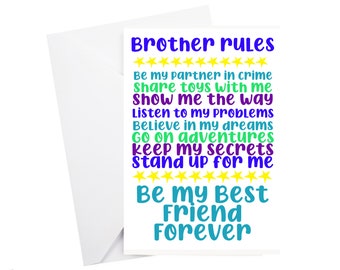 Brother Rules Greetings Card, Card for new baby, New Big Brother card, brother duties, card for brother, card from brother, brother promises