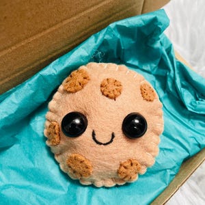 May include: A brown felt cookie plush toy with a smiling face and chocolate chips. The toy is sitting in a blue gift box.
