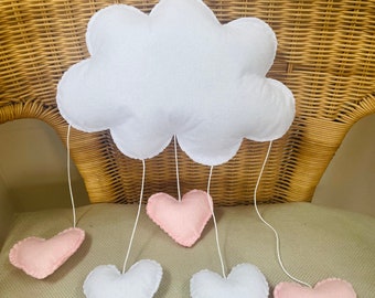 White Cloud mobile with hanging hearts, Baby Nursery Decor, felt cloud decoration, Baby shower gift, New baby gift, Cloud Mobile, plush gift