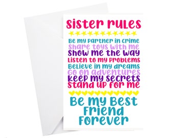 Sister Rules Greetings Card, Card for new baby, New Big Sister card, New sister gift, Card from sister, Girls card, bump to sibling card