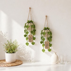 May include: Two hanging crochet planters with green heart-shaped leaves and beige pots. Each planter has a tag that says "You make me smile" with a heart. A small potted plant and vase are also visible.