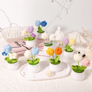 Flor de crochê 100% feita à mão em vaso - Tulipa de crochê - Decoração para casa - Presente para professora - Presente para ela - Padrão de crochê - Suporte emocional - Presente de aniversário