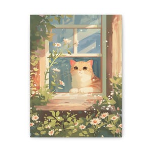 Cat Window Matte Canvas Art Print | Cozy Home Decor, Feline Wall Art, Cat Lover Gift, Nature Themed Decor, Whimsical Cat Painting