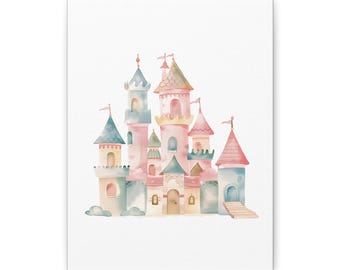 May include: Watercolor painting of a whimsical castle with multiple towers and turrets. The castle features pastel pink, blue, and yellow hues, with small flags atop the towers. The artwork is on a white canvas, creating a soft, dreamy aesthetic.