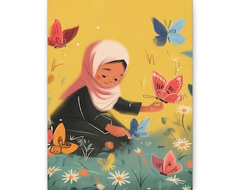 May include: A canvas print featuring a young person in a hijab surrounded by colorful butterflies and flowers. The artwork has a yellow background and a whimsical, illustrated style. The butterflies are red, blue, and orange.