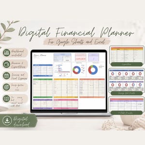 Könnte beinhalten: Ein Laptop mit einem digitalen Finanzplaner für Google Sheets und Excel. Der Bildschirm zeigt verschiedene Diagramme und Tabellen mit Finanzdaten. Der Text enthält "Dashboard enthalten", "Einnahmen & Ausgaben" und "Sparziele."
