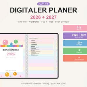 Könnte beinhalten: Digitaler Planer für 2026 und 2027, kompatibel mit iPad und Tablets. Das Bild zeigt einen digitalen Planer mit 511 Seiten, über 120 Stickern und 3 Trackern. Der Planer ist für GoodNotes und andere Apps konzipiert.