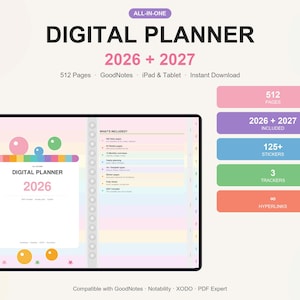 Könnte beinhalten: Digitaler Planer für 2026 und 2027, kompatibel mit iPad und Tablets. Das Bild zeigt einen digitalen Planer mit 512 Seiten, 125+ Stickern, 3 Trackern und Hyperlinks. Der Planer ist für GoodNotes, Notability, XODO und PDF Expert konzipiert.