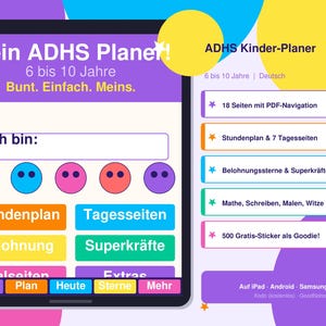 Może przedstawiać: Cyfrowy planer dla dzieci w wieku 6-10 lat z ADHD, o kolorowym designie. Planer zawiera sekcje do planowania, strony dzienne, nagrody i dodatkowe funkcje. Tekst na ekranie to "Mein ADHS Planer!" i "ADHS Kinder-Planer".