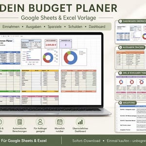 Könnte beinhalten: Ein Laptop zeigt eine Budgetplaner-Vorlage für Google Sheets und Excel. Der Bildschirm zeigt Finanzdaten mit Diagrammen und Tabellen. Text enthält "DEIN BUDGET PLANER" und "Google Sheets & Excel Vorlage". Zusätzlicher Text hebt Funktionen wie "Dashboard Übersicht" hervor.