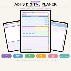 Könnte beinhalten: Digitaler Planer auf drei Tablets. Das Haupt-Tablet zeigt ein farbenfrohes Tagesplaner-Layout mit Abschnitten für Aufgaben und Notizen. Der Text auf den Tablets enthält "ADHS DIGITAL PLANER", "JANUAR" und "FURSORGE". Zusätzlicher Text enthält "77 SEITEN", "100% VERLINKT", "6 SEKTIONEN" und "12 MONATE".
