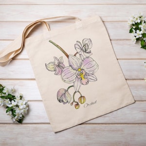 Orchid Flower Tote Bag Botanical Illustration Eco-Friendly Cotton Bag for Nature Lovers Gardeners and Floral Art Fans
