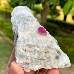 May include: A raw mineral specimen featuring a large, opaque white crystalline matrix with a prominent, vibrant magenta-pink gemstone embedded near the top and small metallic gold-colored flecks scattered across the textured surface.