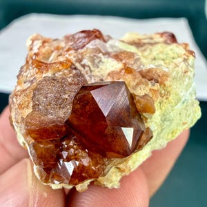 Può includere: Un esemplare minerale grezzo caratterizzato da un prominente cristallo di granato color marrone rossastro intenso con sfaccettature geometriche nitide. Il cristallo è incastonato in una roccia matrice testurizzata giallo-verde pallido, che mostra un contrasto tra la gemma scura e lucida e la base minerale terrosa più chiara.