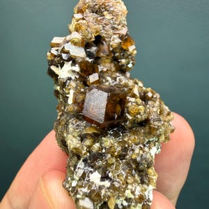 Może przedstawiać: Surowy okaz mineralny z klastrem półprzezroczystych, ciemnobrązowych i oliwkowozielonych kryształów granatu. Formacja prezentuje wyraźny, dobrze zdefiniowany sześcienny kryształ w centrum, otoczony mniejszymi, poszarpanymi i wielościennymi naroślami.