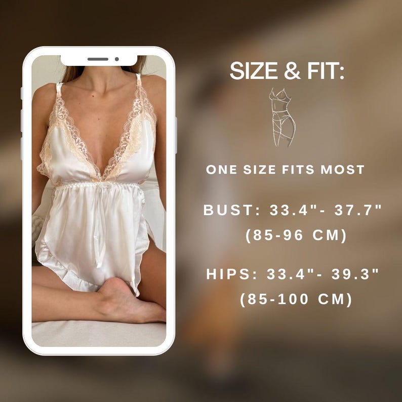 May include: White satin sleepwear with lace trim and a tie at the waist. The sleepwear has a one-size-fits-most fit with a bust measurement of 33.4-37.7 inches (85-96 cm) and a hip measurement of 33.4-39.3 inches (85-100 cm).