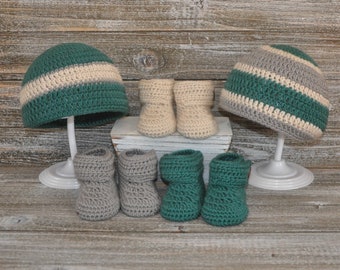 Baby Booties with Macthing Hat, Cashmere Booties, Crochet Baby Booties with wooden Button 6 Months