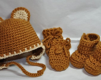 Teddy Bear Earflap Hat in Honey, Mittens and Booties size 0 to 6 Months